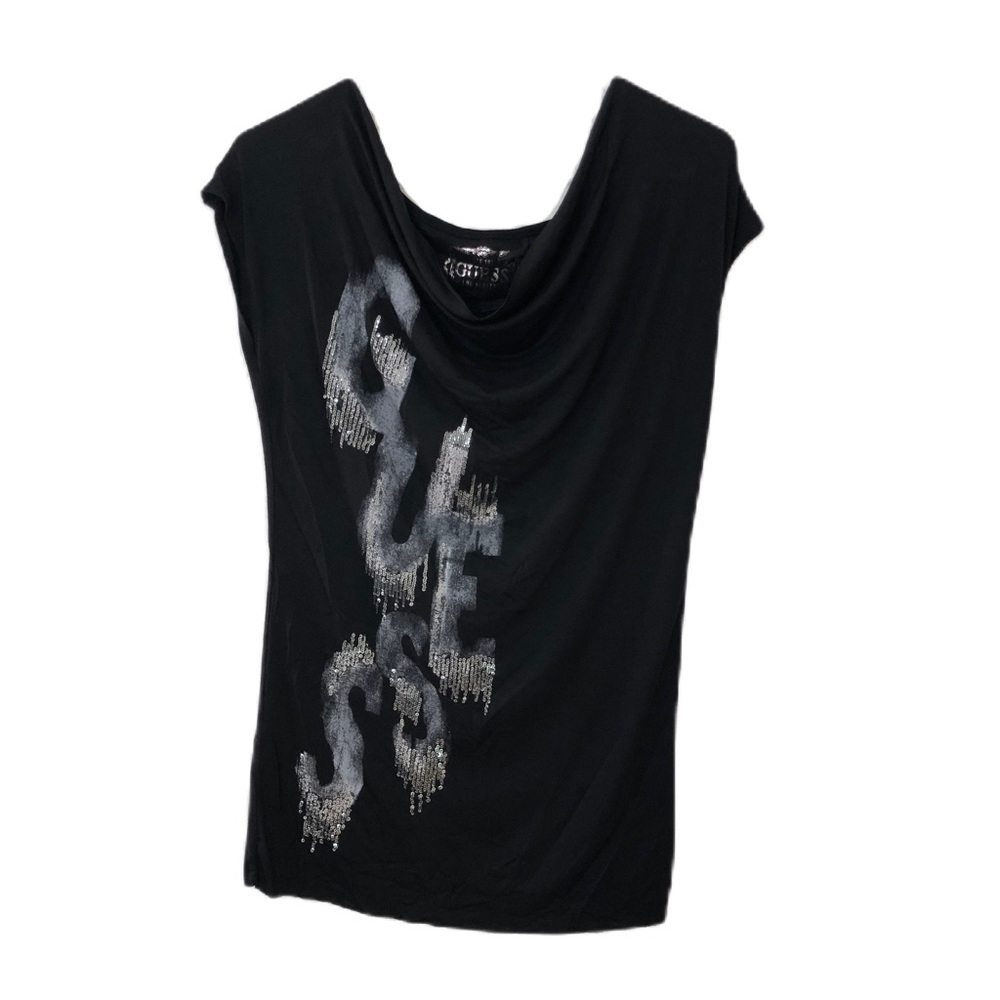Guess NWOT Black Sequin Cowl Neck Short Sleeve Blouse